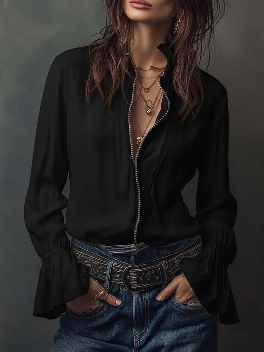 Blusa Blanca con Cremallera Frontal y Puños con Volantes