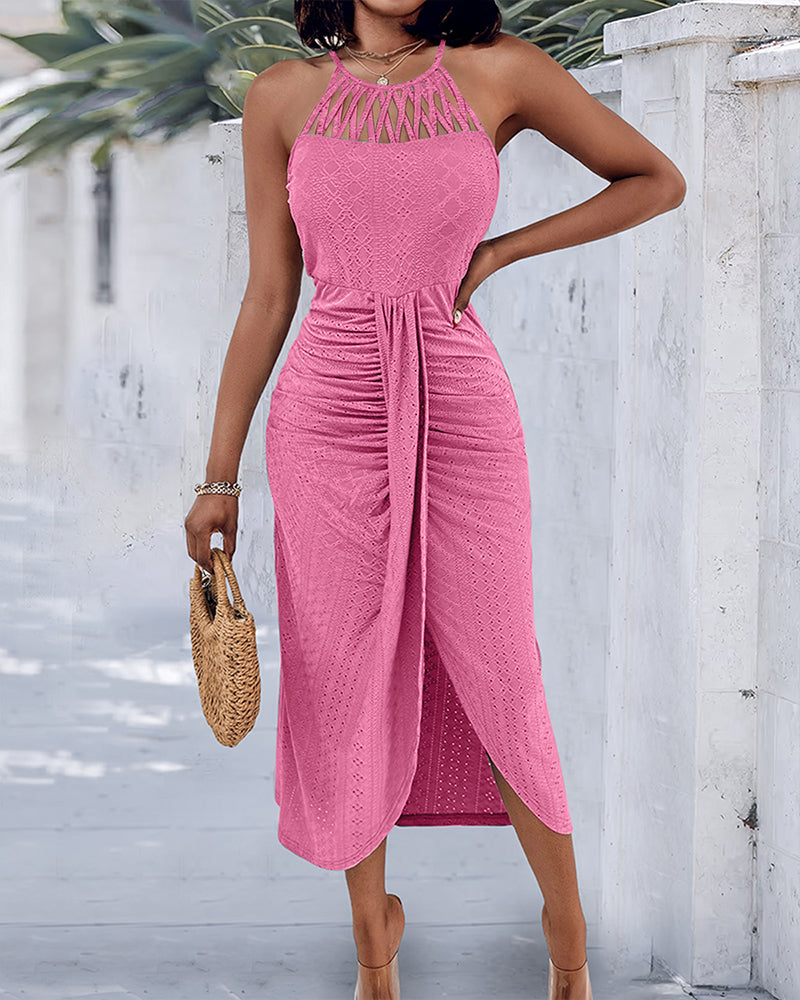 Vestido Casual de Punto Jacquard Texturizado con Escote Halter y Abertura Frontal en Cruce