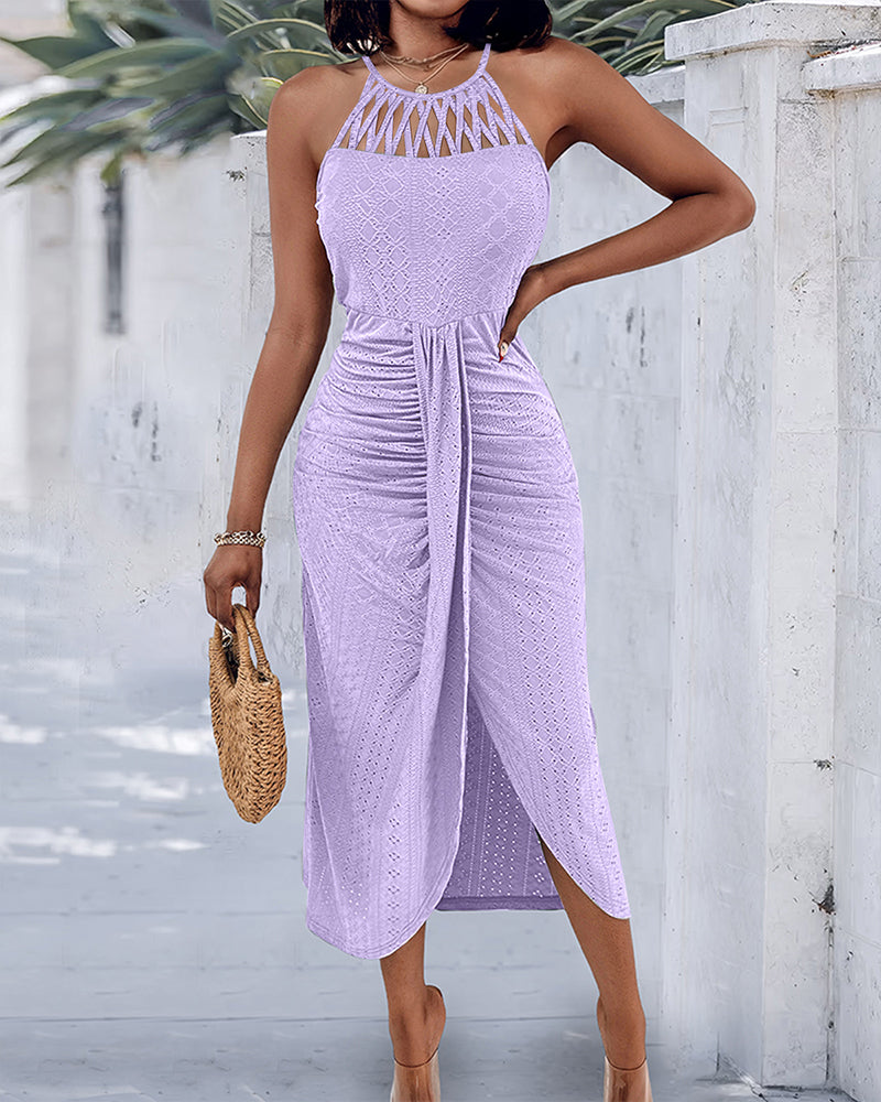 Vestido Casual de Punto Jacquard Texturizado con Escote Halter y Abertura Frontal en Cruce