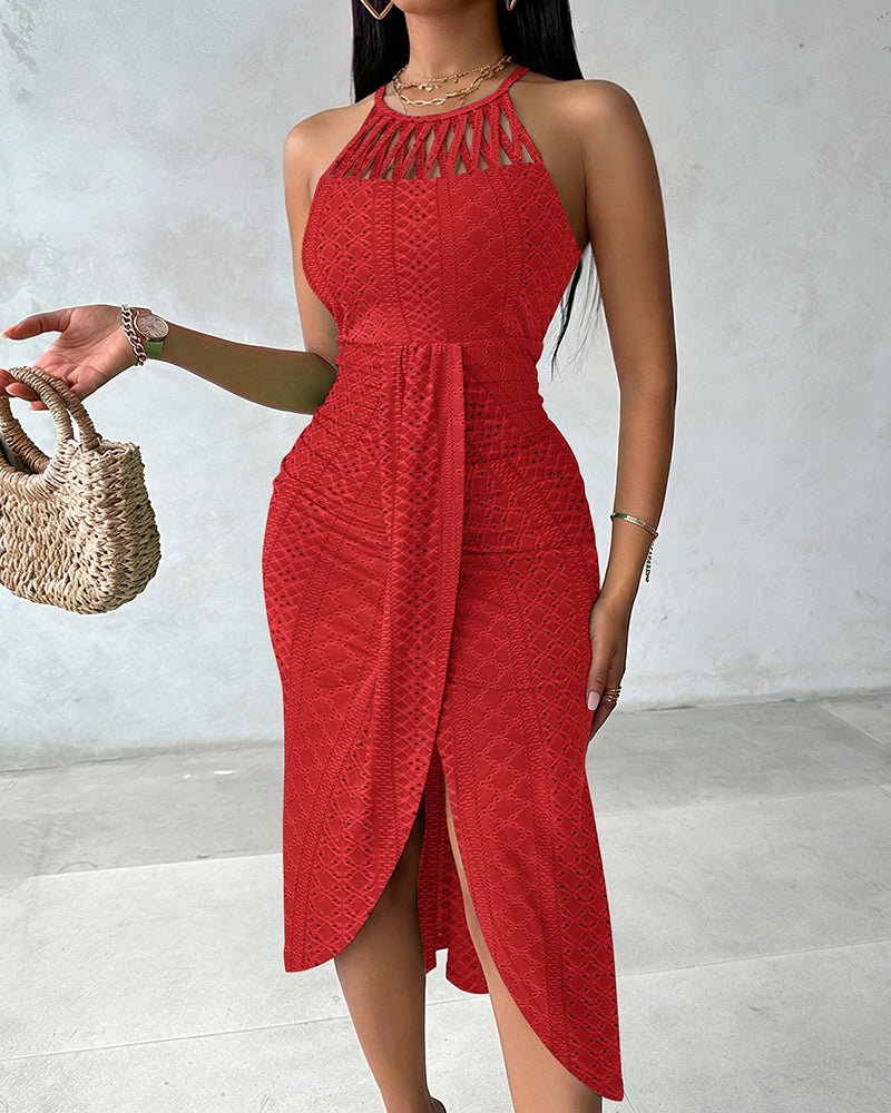 Vestido Casual de Punto Jacquard Texturizado con Escote Halter y Abertura Frontal en Cruce