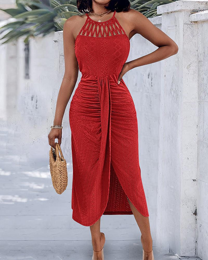 Vestido Casual de Punto Jacquard Texturizado con Escote Halter y Abertura Frontal en Cruce