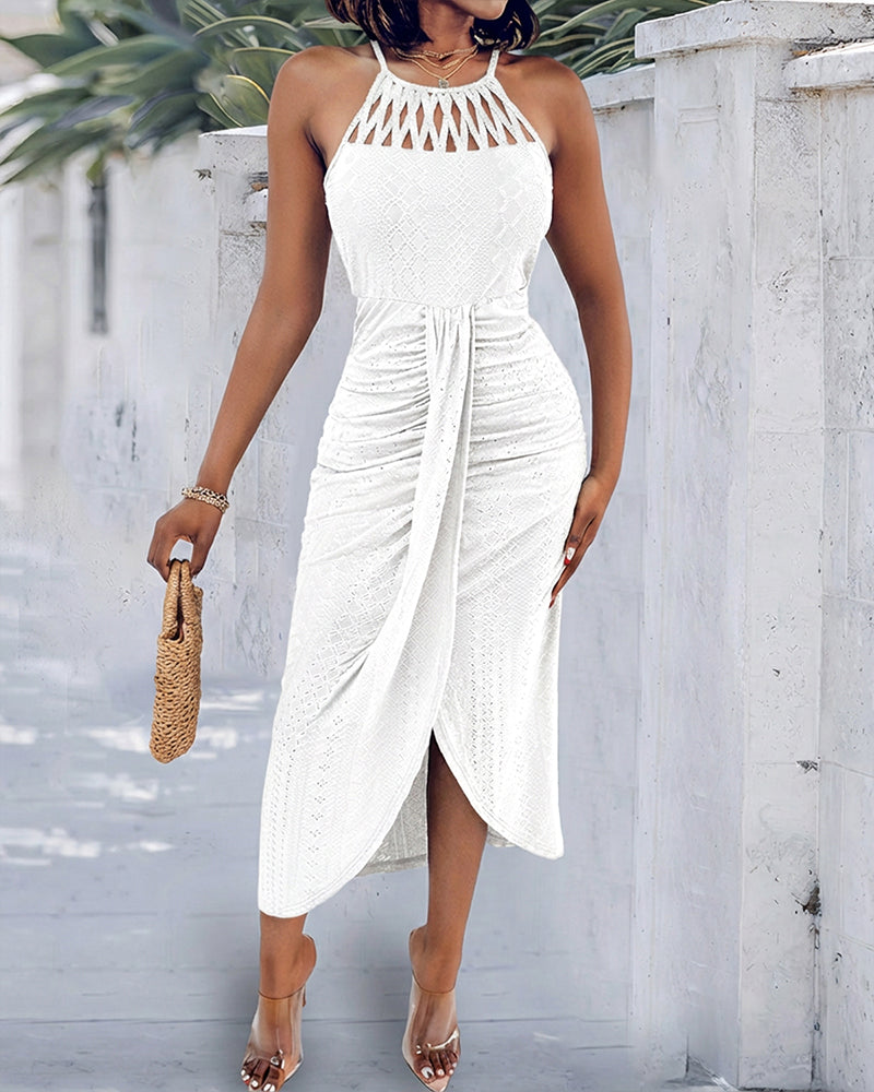 Vestido Casual de Punto Jacquard Texturizado con Escote Halter y Abertura Frontal en Cruce