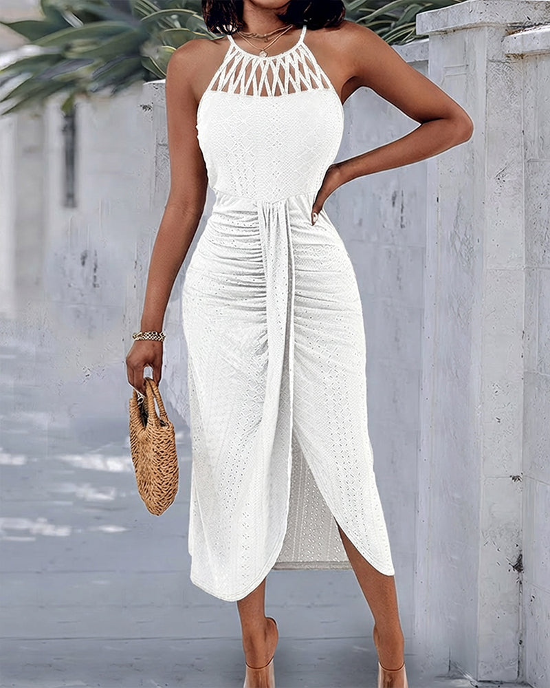 Vestido Casual de Punto Jacquard Texturizado con Escote Halter y Abertura Frontal en Cruce